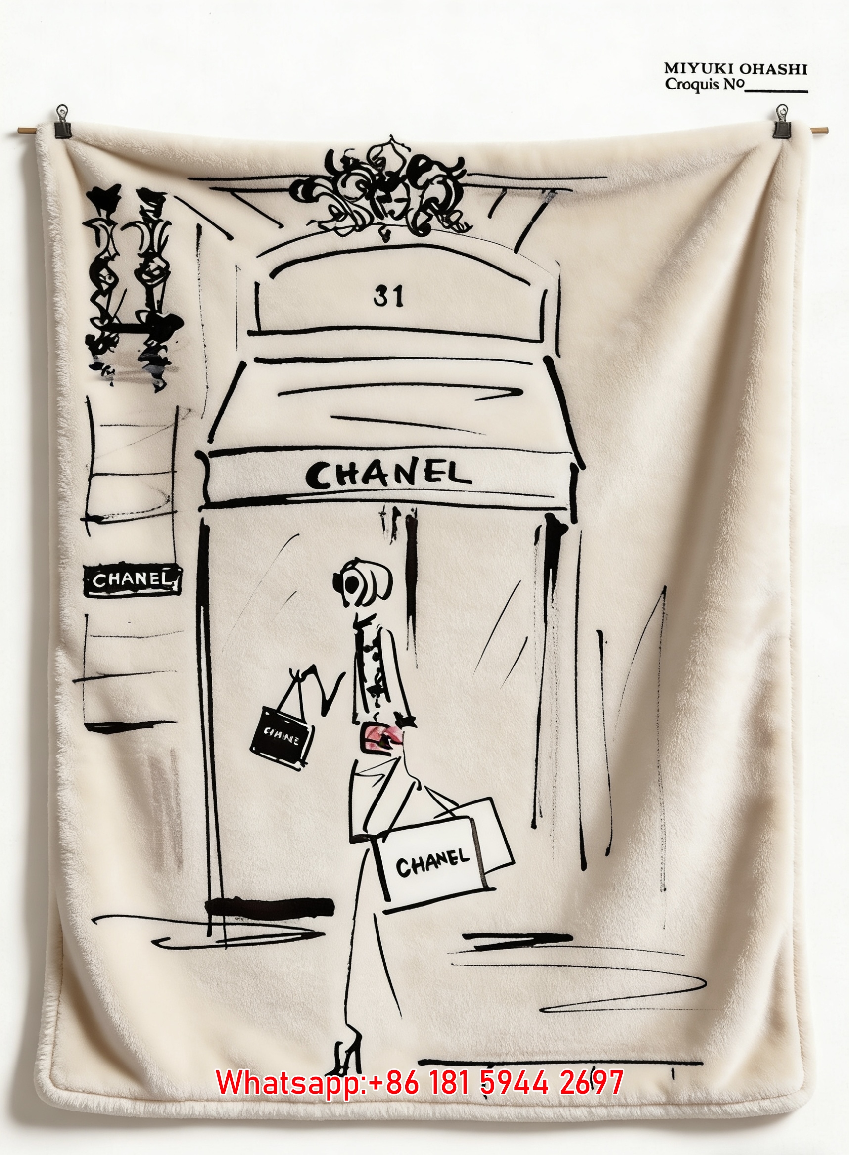 Chanel Paris Storefront Sketch Flannel Sofa Throw Blanket IMG_6795